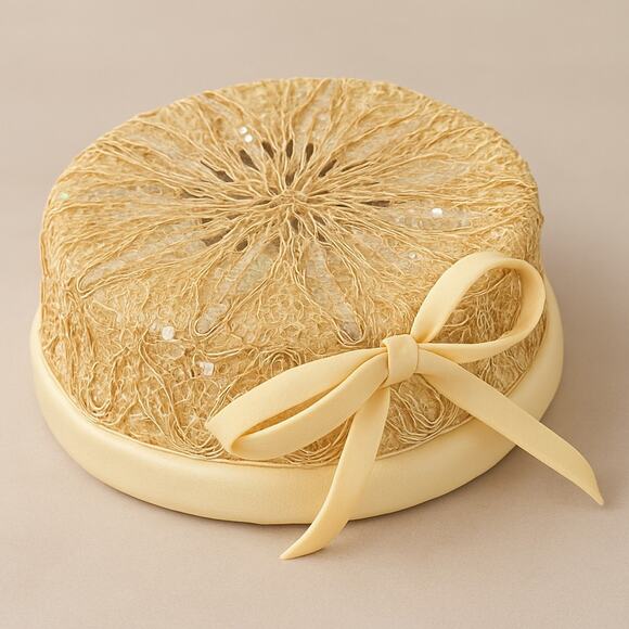 Vtg 1950s Evelyn Varon Sequin Lace Cocktail Hat Fascinator Cap Beige Pancake - Picture 1 of 12